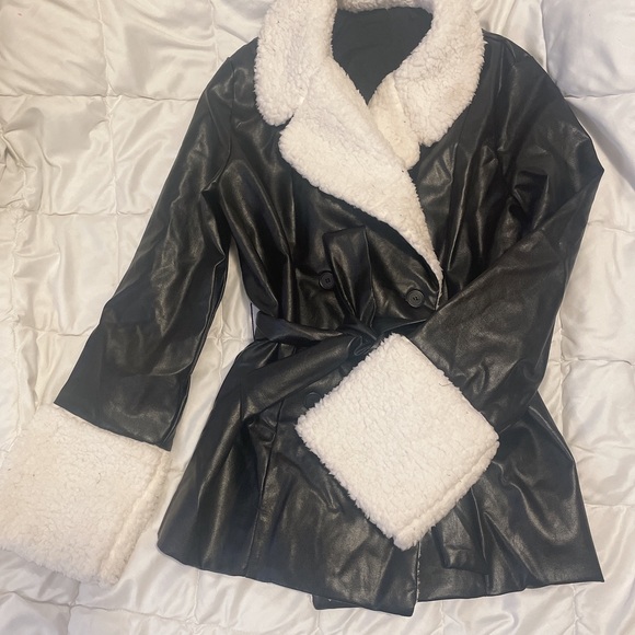 Brand New: Faux Leather Belted Jacket w/ fur lining - Picture 4 of 6